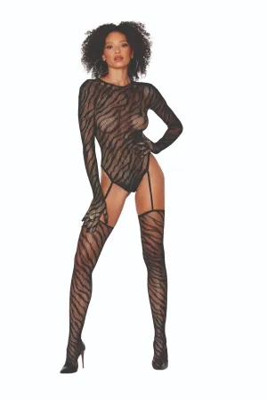 Zebra Print Teddy Bodystocking with Build-In Gloves