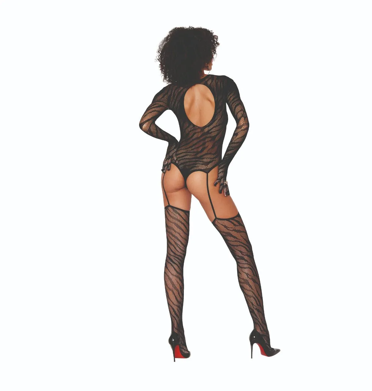 Zebra Print Teddy Bodystocking with Build-In Gloves